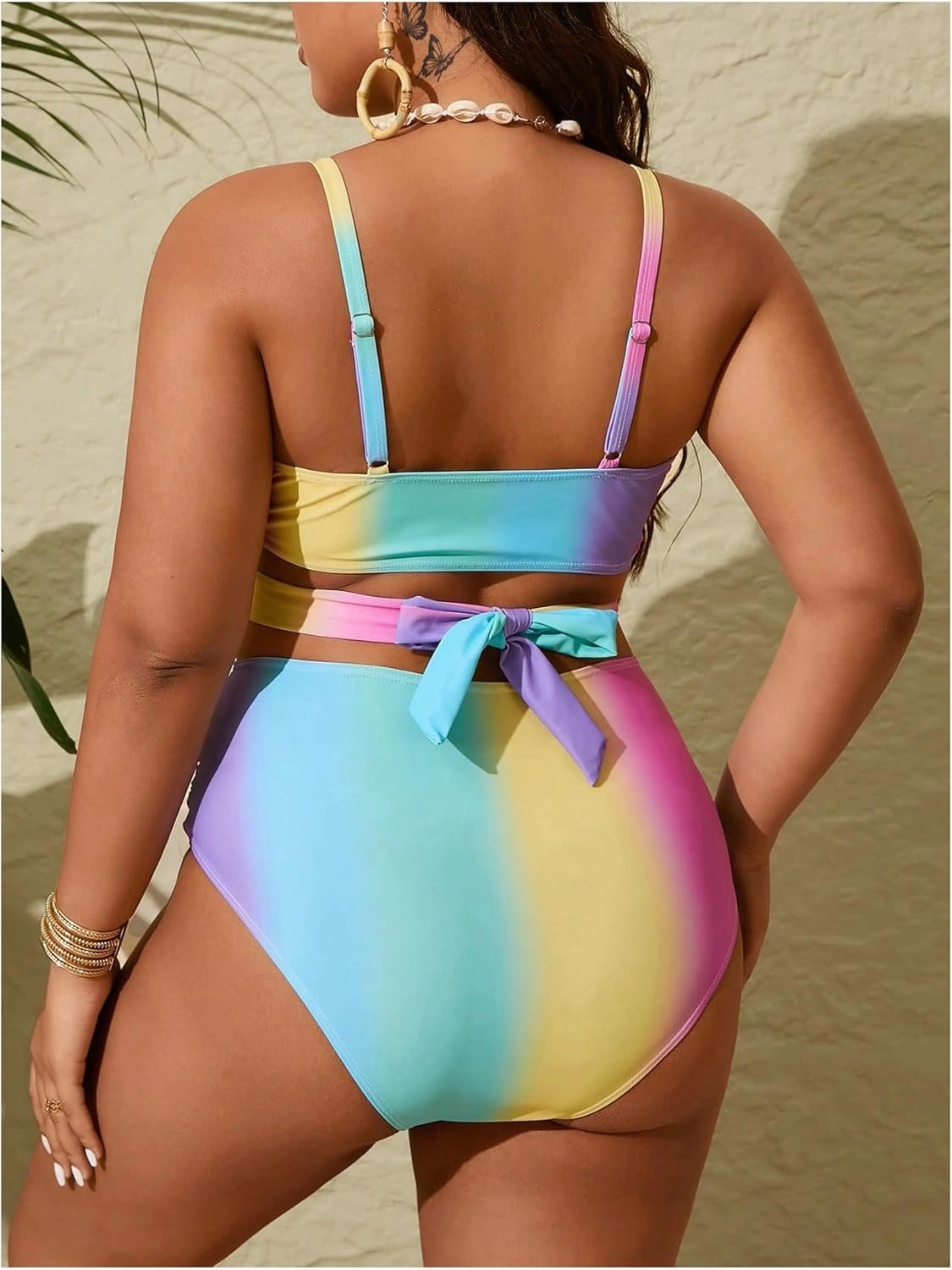 Verdusa Women's Plus Size 2 Piece Colorblock Ombre Bikini Set Cross Front Ruched Tie Back Swimsuit