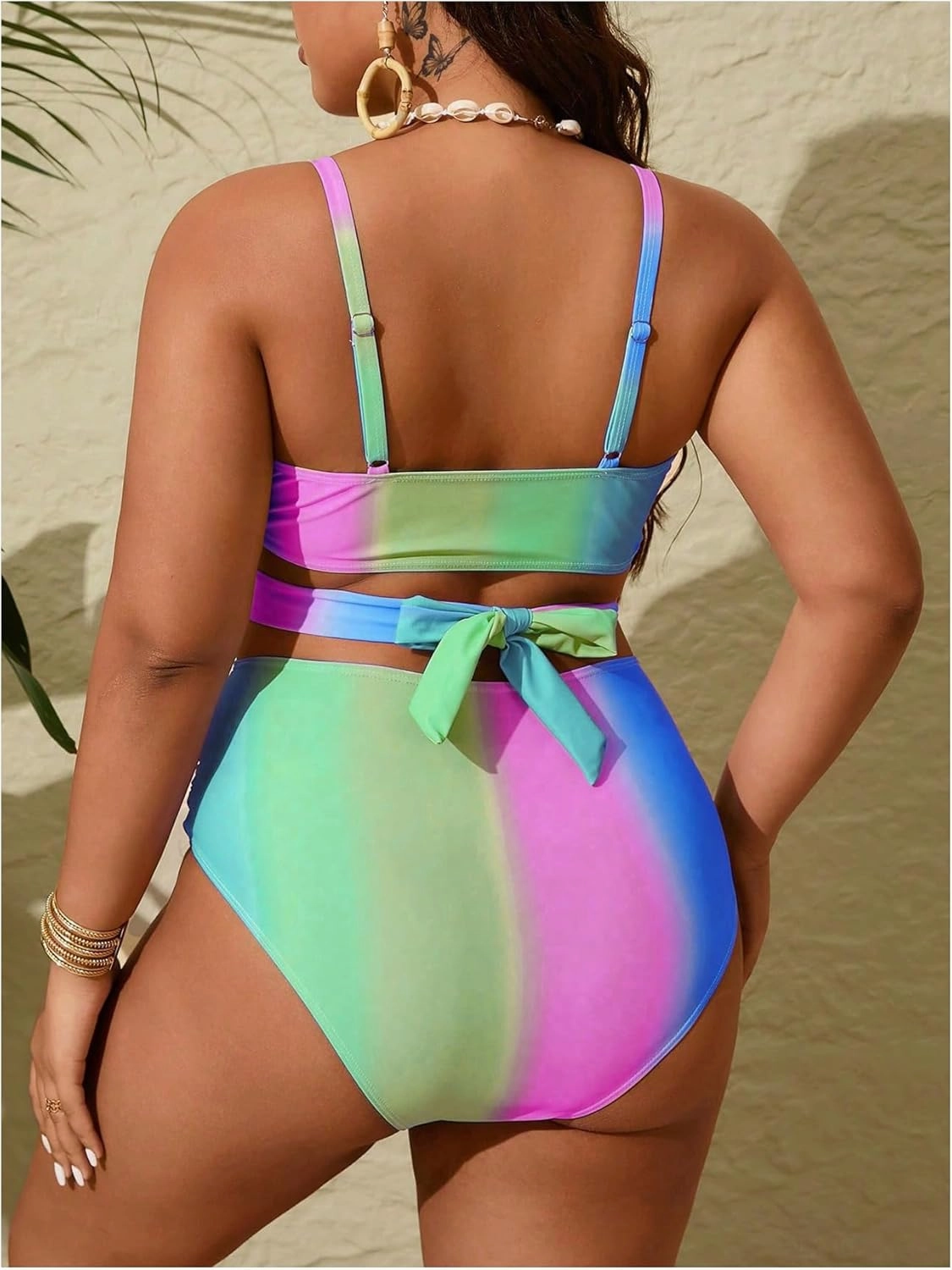 Verdusa Women's Plus Size 2 Piece Colorblock Ombre Bikini Set Cross Front Ruched Tie Back Swimsuit