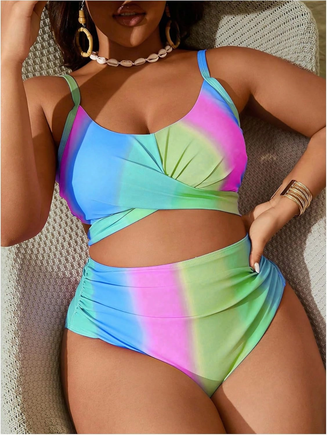 Verdusa Women's Plus Size 2 Piece Colorblock Ombre Bikini Set Cross Front Ruched Tie Back Swimsuit