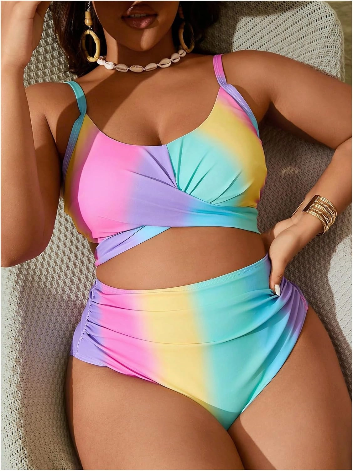 Verdusa Women's Plus Size 2 Piece Colorblock Ombre Bikini Set Cross Front Ruched Tie Back Swimsuit