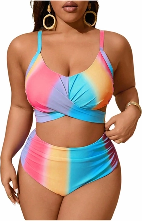 Verdusa Women's Plus Size 2 Piece Colorblock Ombre Bikini Set Cross Front Ruched Tie Back Swimsuit