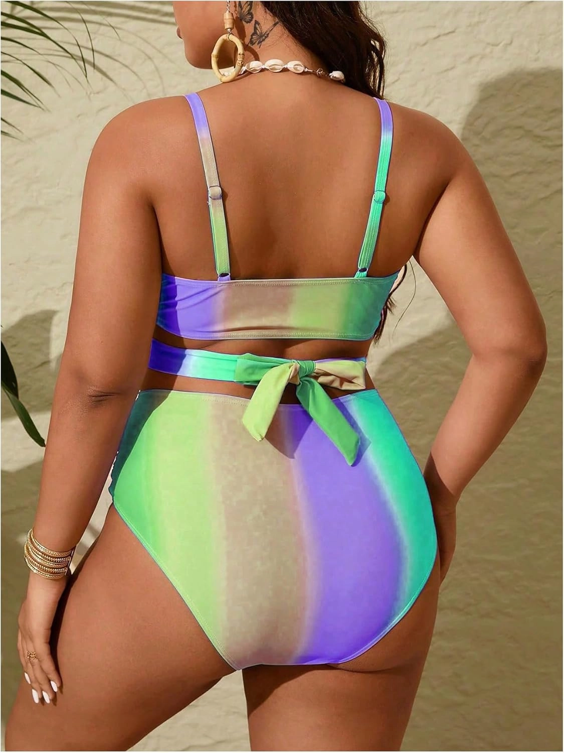 Verdusa Women's Plus Size 2 Piece Colorblock Ombre Bikini Set Cross Front Ruched Tie Back Swimsuit