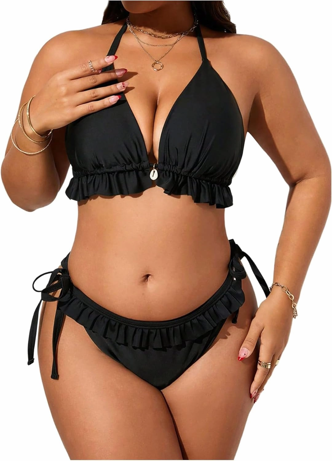 Verdusa Women's Plus Size 2 Piece String Bikini Set Ruffle Halter Triangle Backless Swimsuit