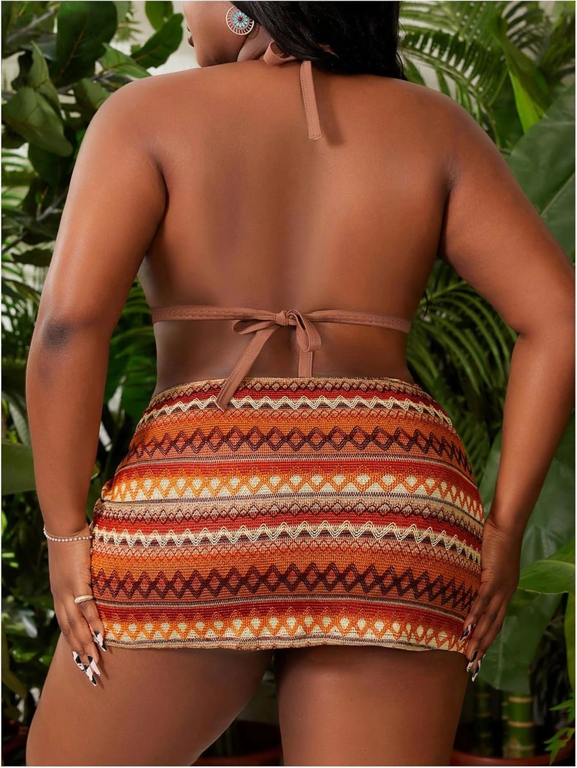 Verdusa Women's Plus Size 3 Piece Graphic Halter Bikini Sets Tie Back Swimsuits with Cover Up Skirt