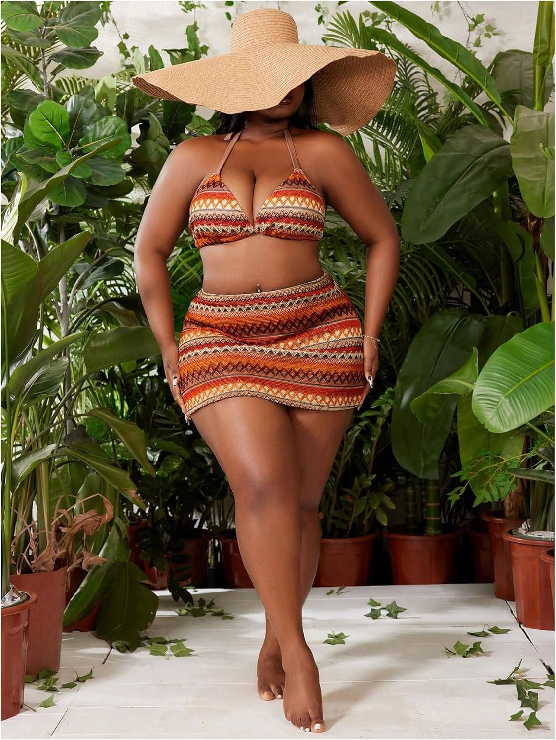 Verdusa Women's Plus Size 3 Piece Graphic Halter Bikini Sets Tie Back Swimsuits with Cover Up Skirt