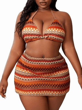 Verdusa Women's Plus Size 3 Piece Graphic Halter Bikini Sets Tie Back Swimsuits with Cover Up Skirt