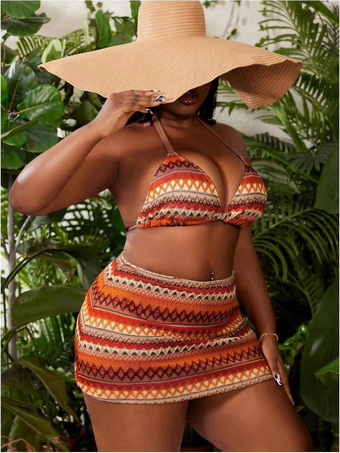 Verdusa Women's Plus Size 3 Piece Graphic Halter Bikini Sets Tie Back Swimsuits with Cover Up Skirt
