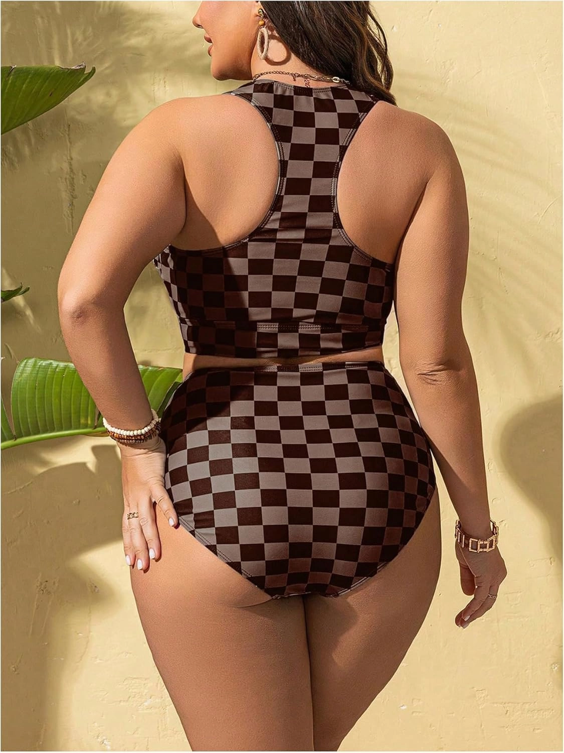 Verdusa Women's Plus Size Plaid Checkered Bikini Set Cut Out Bow Tie High Waisted Swimsuits