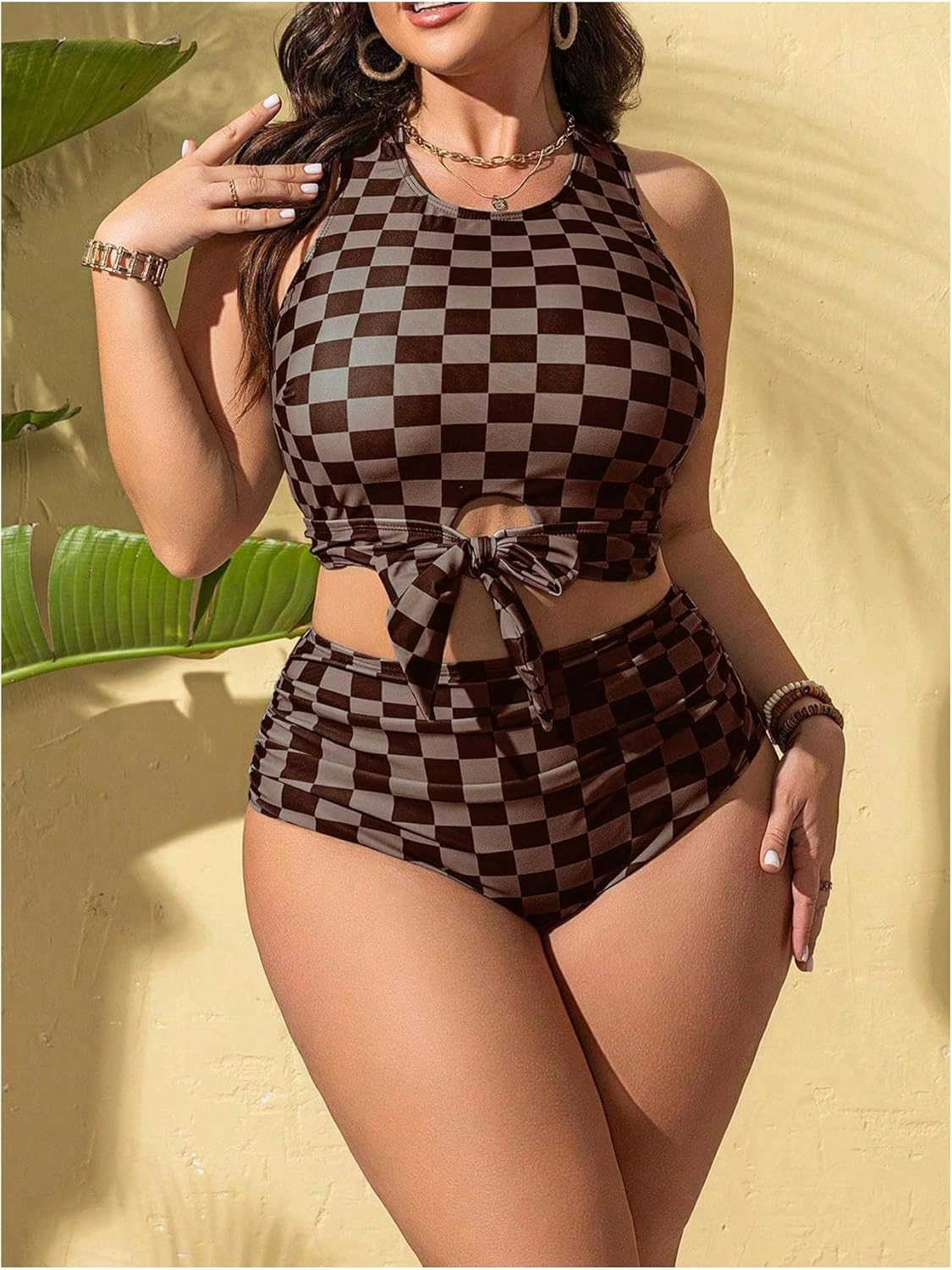 Verdusa Women's Plus Size Plaid Checkered Bikini Set Cut Out Bow Tie High Waisted Swimsuits