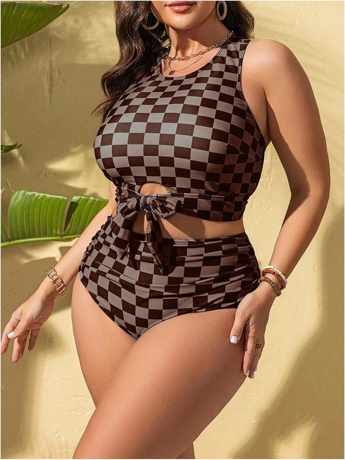 Verdusa Women's Plus Size Plaid Checkered Bikini Set Cut Out Bow Tie High Waisted Swimsuits