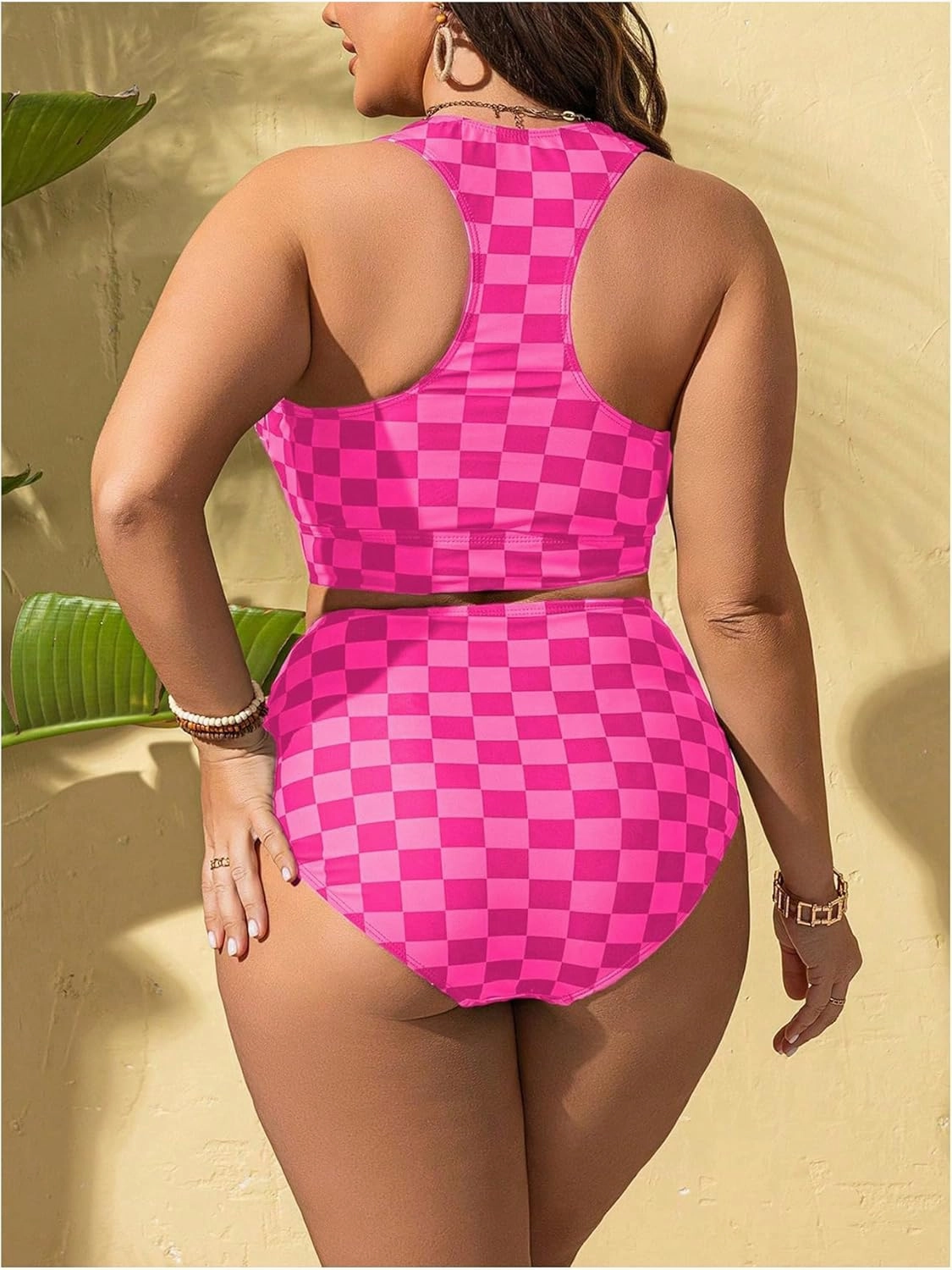 Verdusa Women's Plus Size Plaid Checkered Bikini Set Cut Out Bow Tie High Waisted Swimsuits
