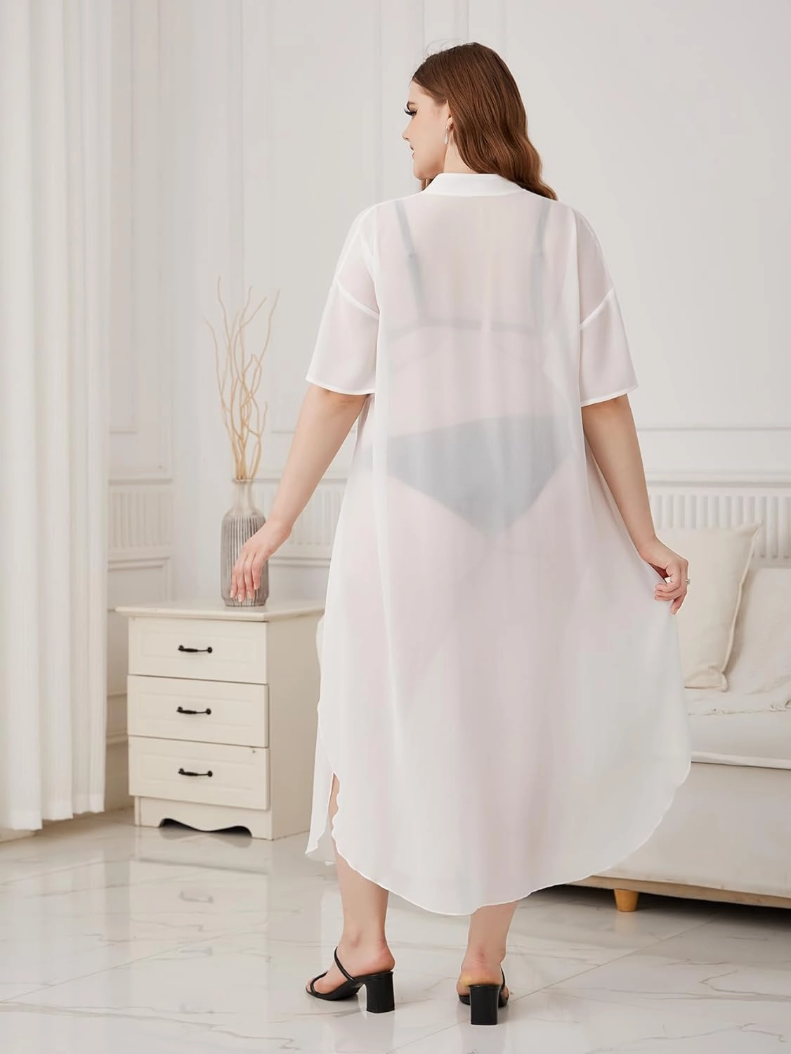 Verdusa Women's Plus Size Sheer Mesh Half Sleeve Loose Swimsuit Maxi Dress Cover Up