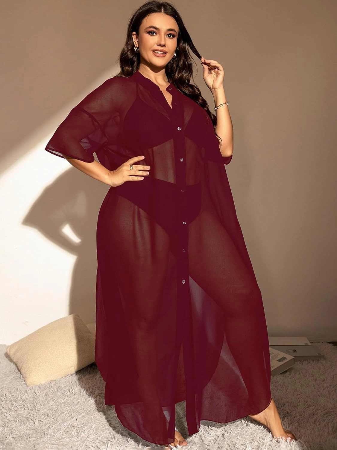 Verdusa Women's Plus Size Sheer Mesh Half Sleeve Loose Swimsuit Maxi Dress Cover Up