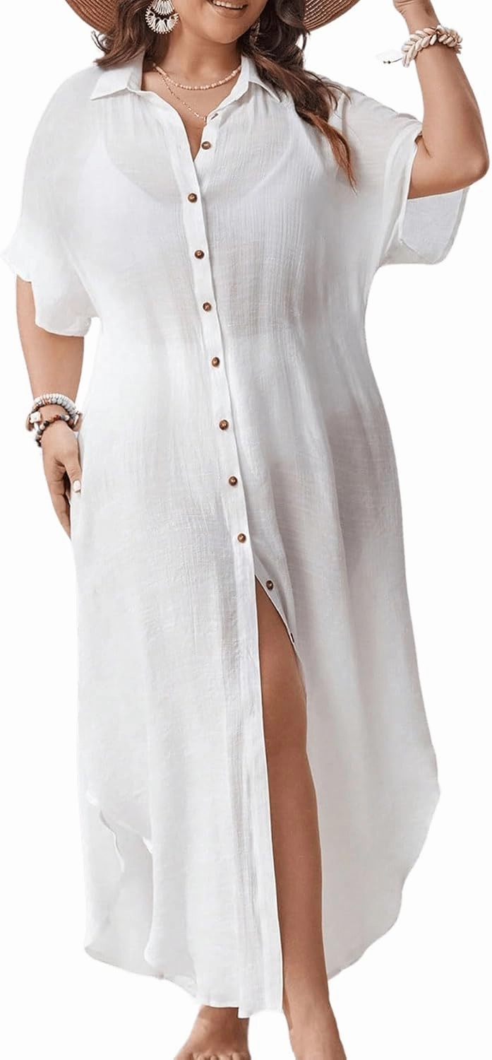 Verdusa Women's Plus Size Sheer Mesh Half Sleeve Loose Swimsuit Maxi Dress Cover Up