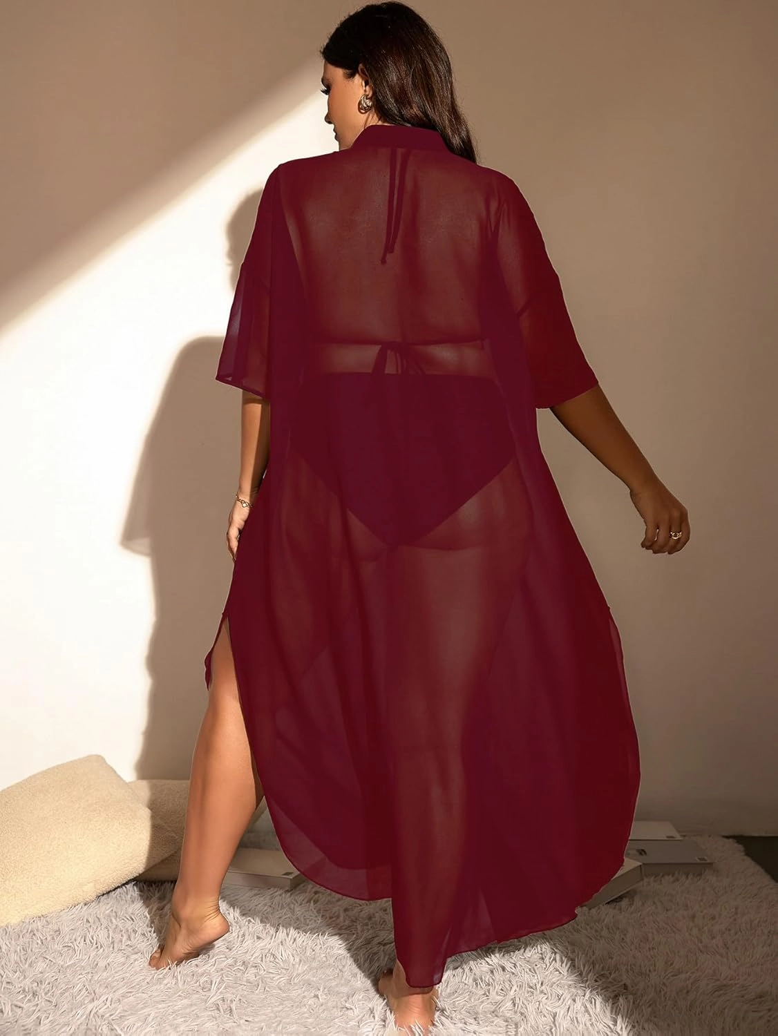 Verdusa Women's Plus Size Sheer Mesh Half Sleeve Loose Swimsuit Maxi Dress Cover Up