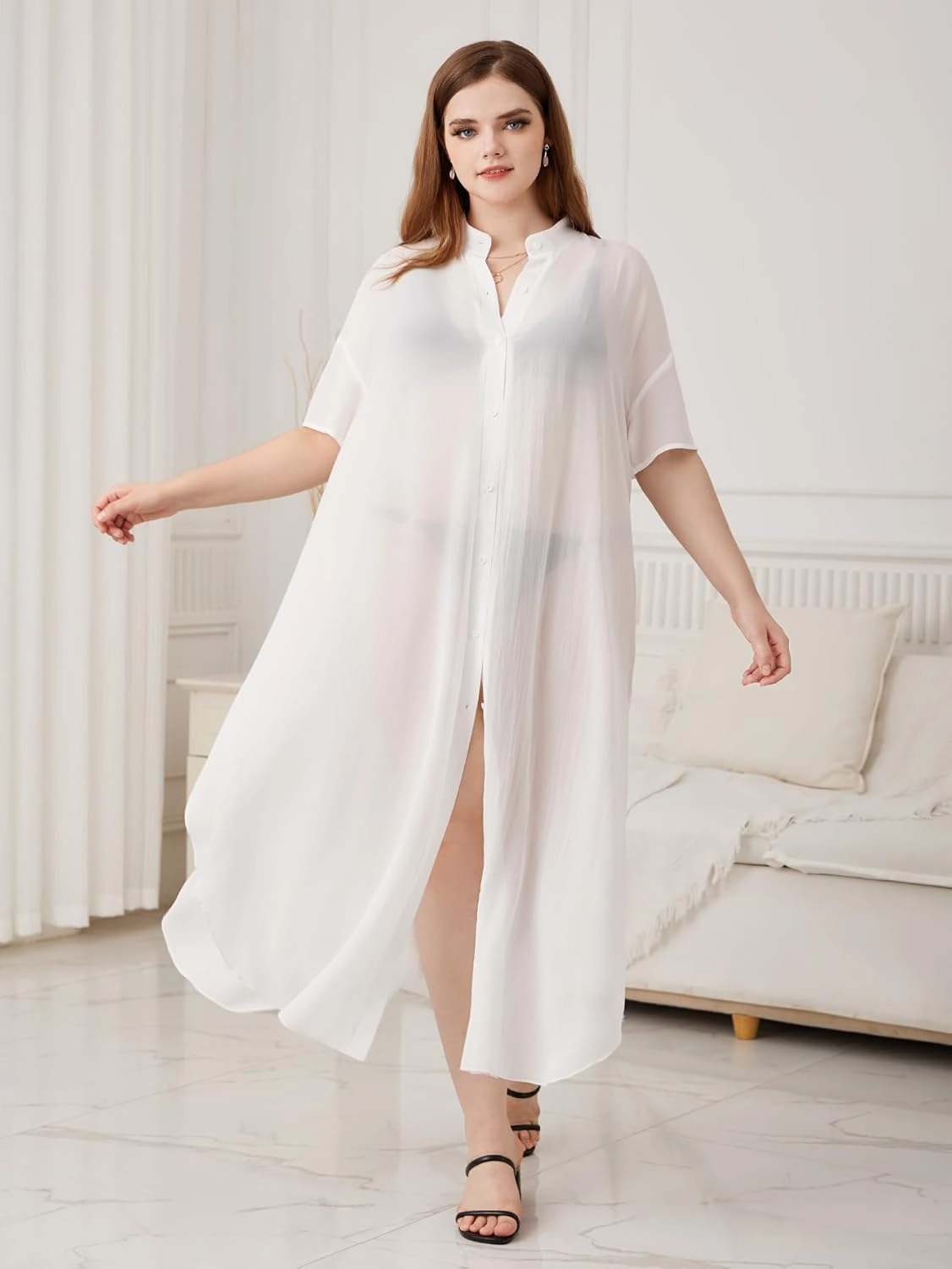 Verdusa Women's Plus Size Sheer Mesh Half Sleeve Loose Swimsuit Maxi Dress Cover Up
