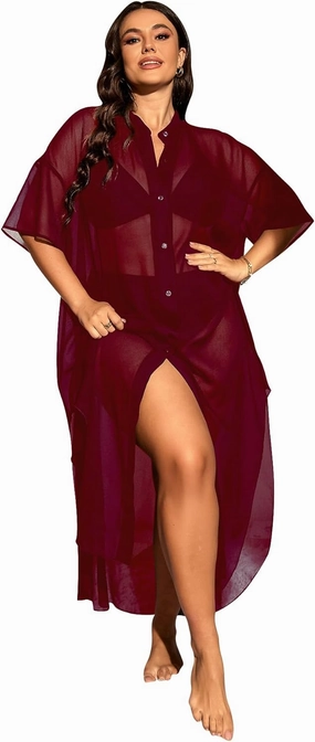 Verdusa Women's Plus Size Sheer Mesh Half Sleeve Loose Swimsuit Maxi Dress Cover Up