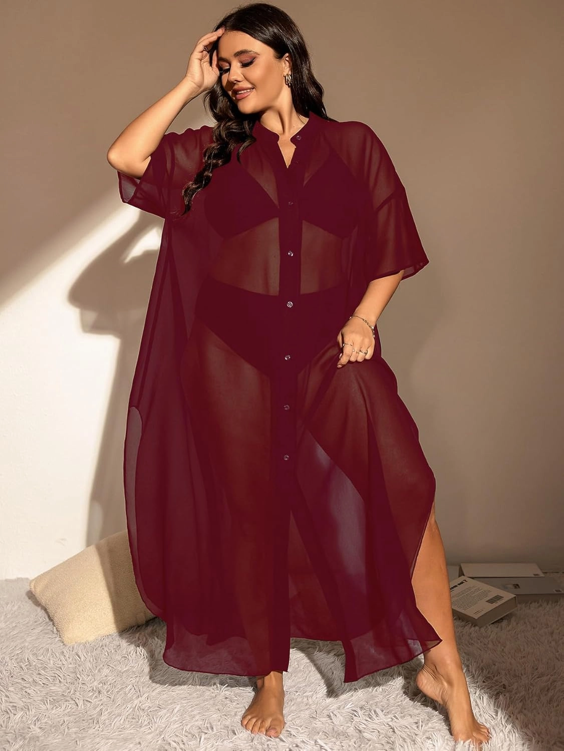 Verdusa Women's Plus Size Sheer Mesh Half Sleeve Loose Swimsuit Maxi Dress Cover Up