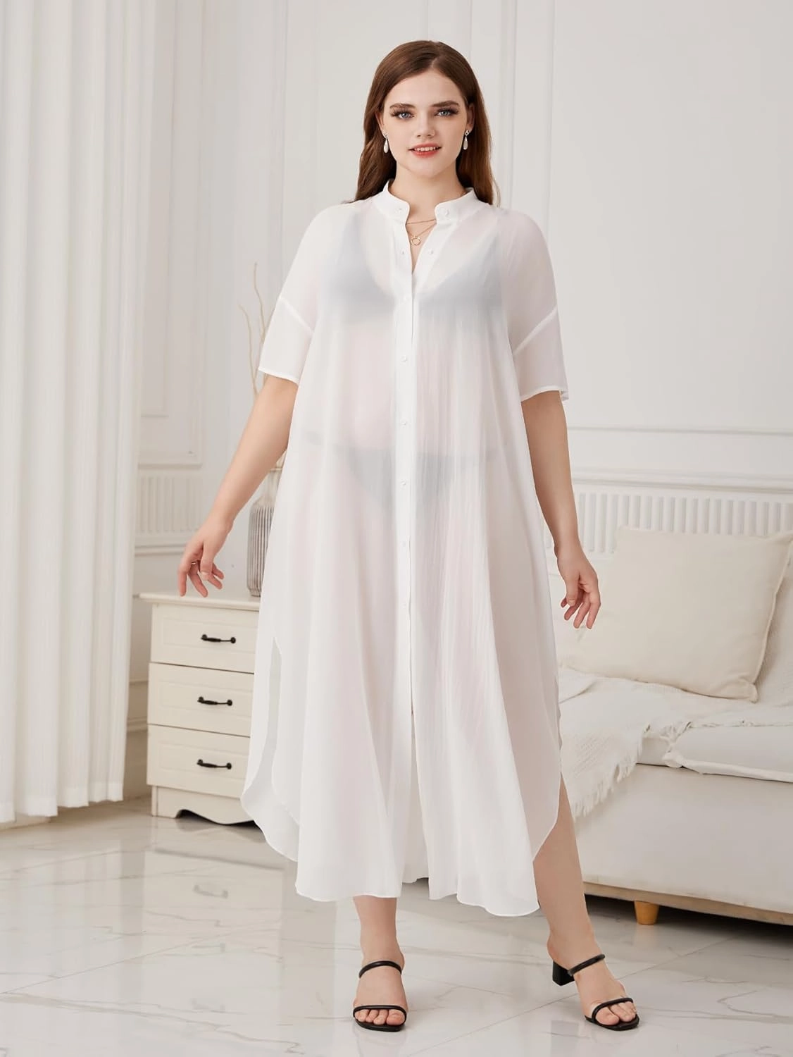 Verdusa Women's Plus Size Sheer Mesh Half Sleeve Loose Swimsuit Maxi Dress Cover Up
