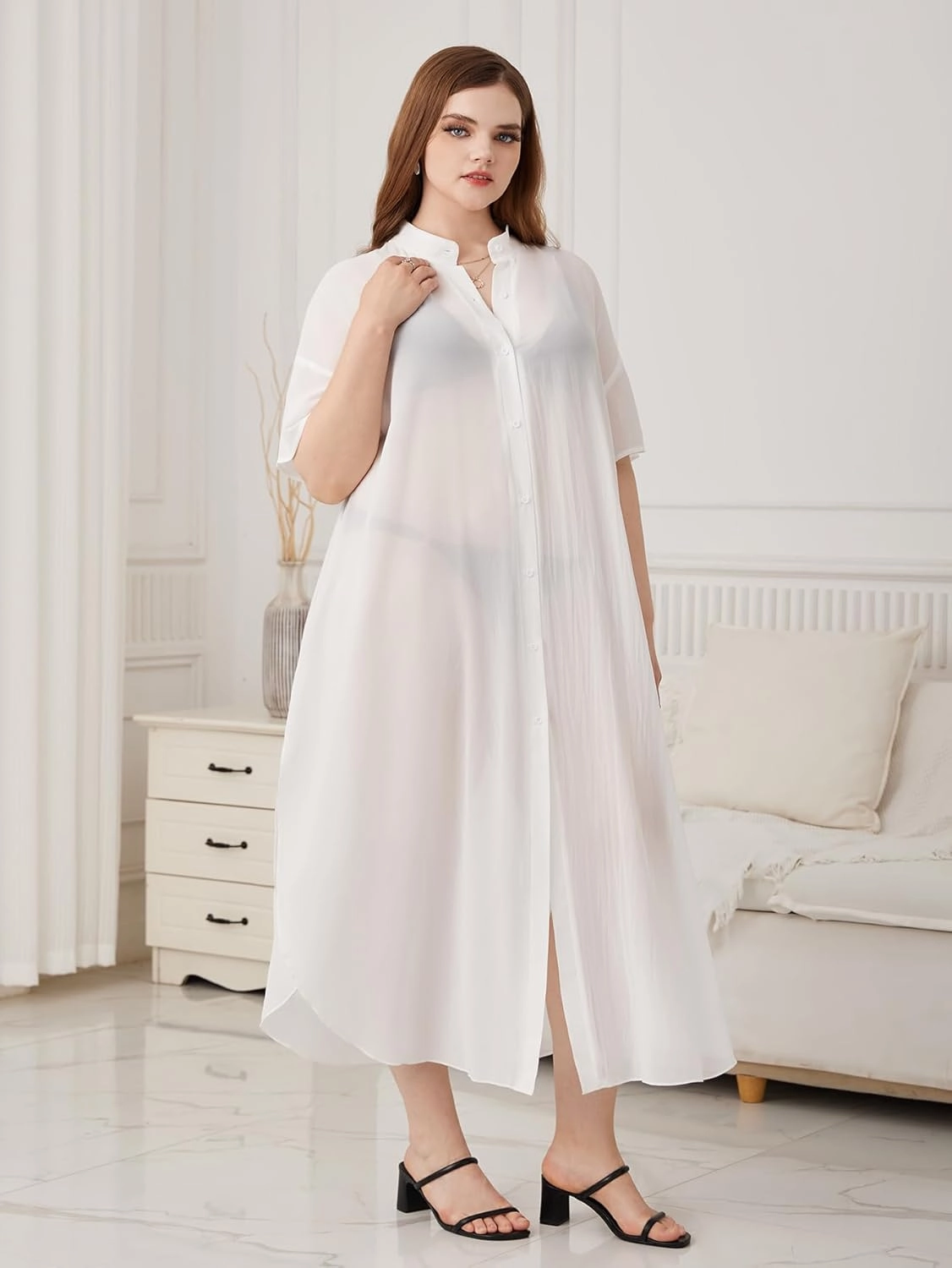 Verdusa Women's Plus Size Sheer Mesh Half Sleeve Loose Swimsuit Maxi Dress Cover Up
