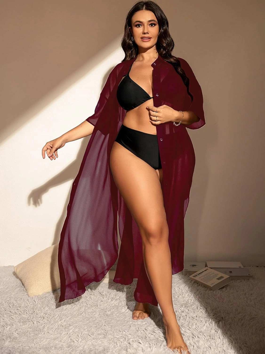 Verdusa Women's Plus Size Sheer Mesh Half Sleeve Loose Swimsuit Maxi Dress Cover Up