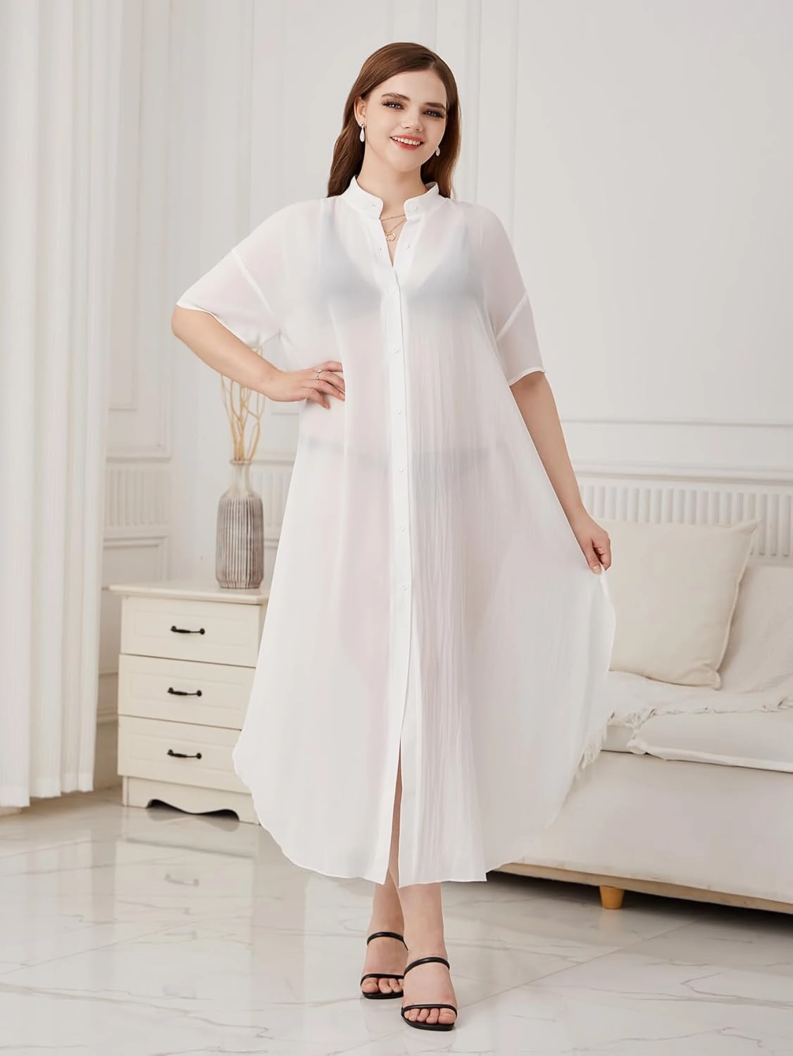 Verdusa Women's Plus Size Sheer Mesh Half Sleeve Loose Swimsuit Maxi Dress Cover Up