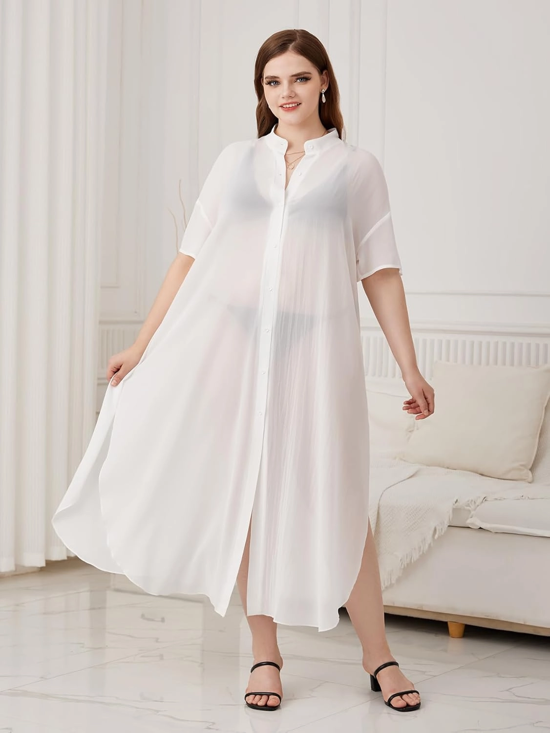 Verdusa Women's Plus Size Sheer Mesh Half Sleeve Loose Swimsuit Maxi Dress Cover Up