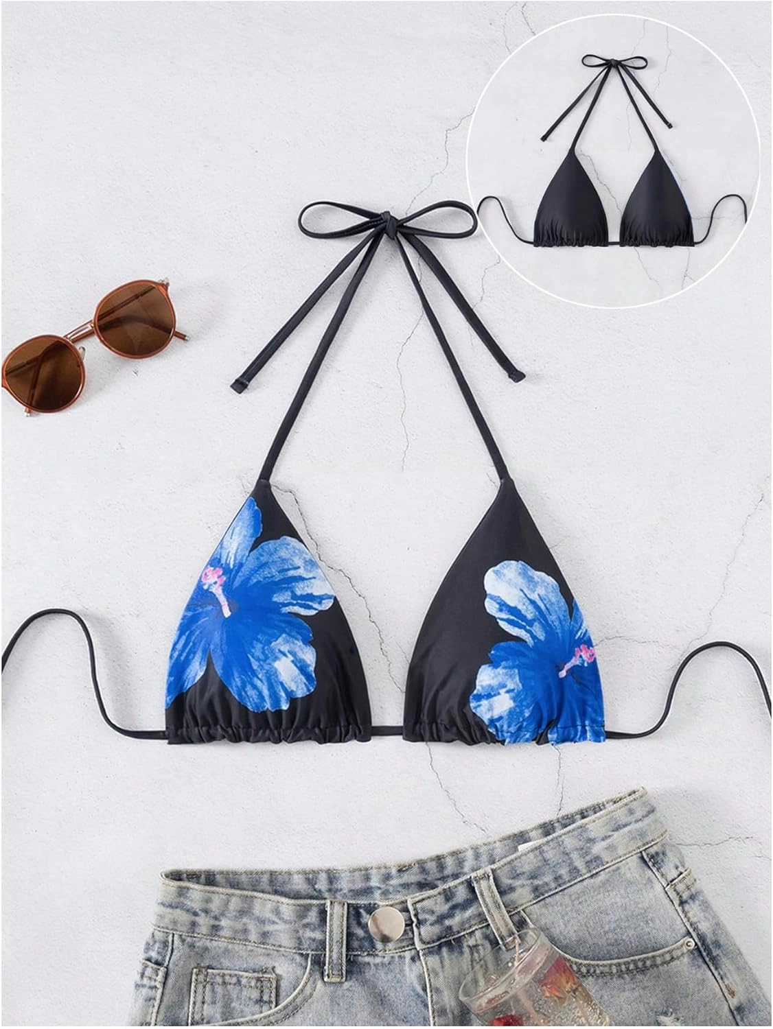 Verdusa Women's Reversible Floral Print Triangle Halter Bikini Tops Tie Backless Swimwear Top