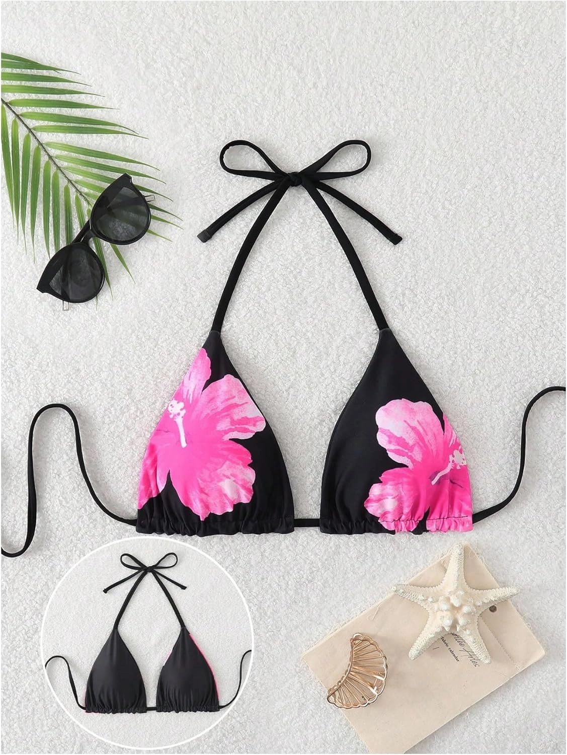 Verdusa Women's Reversible Floral Print Triangle Halter Bikini Tops Tie Backless Swimwear Top