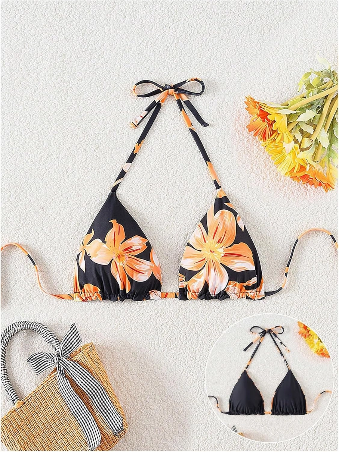 Verdusa Women's Reversible Floral Print Triangle Halter Bikini Tops Tie Backless Swimwear Top