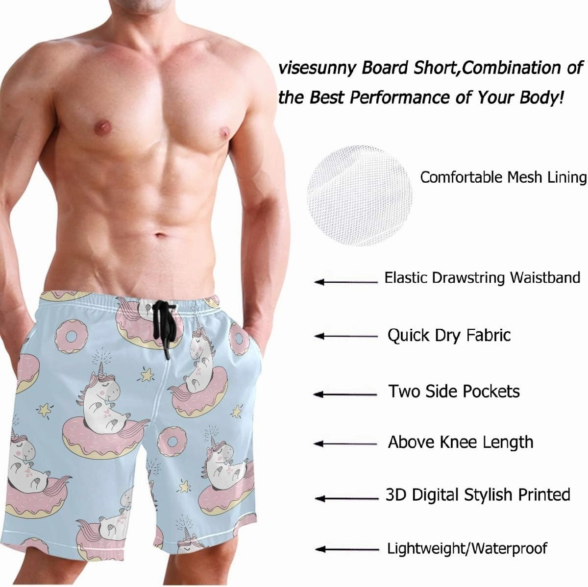 visesunny Men's Novelty Beach Shorts Quick Dry Swimwear Sports Running Swim Board Shorts Bathing Suits