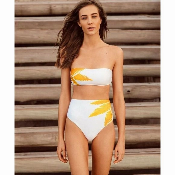 Vix Paula Hermanny White Yellow Palm Leaf Bandeau Bikini Top
