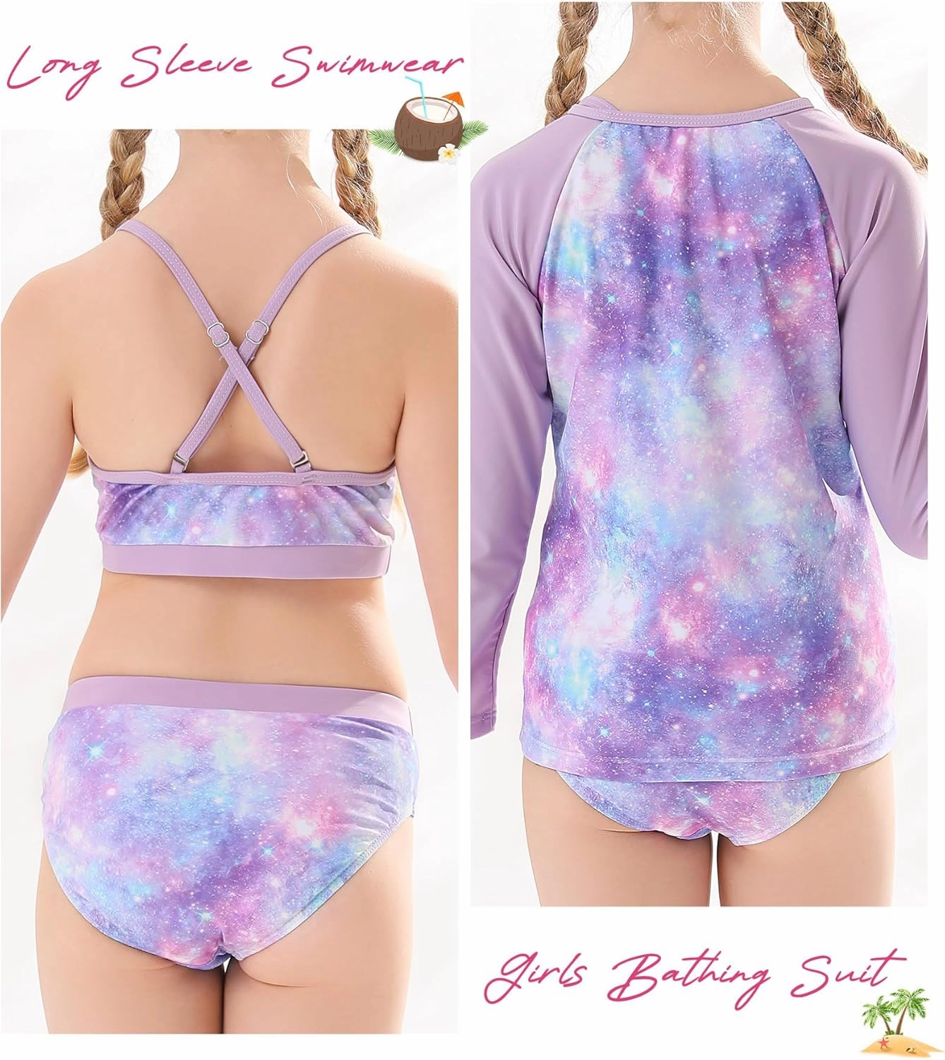 Vogseek 7-13T Girls 3pcs Bikini Swimwear with Long Sleeve Rashguard Shirts Quick Dry Swimsuits UPF 50  Bathing Suits