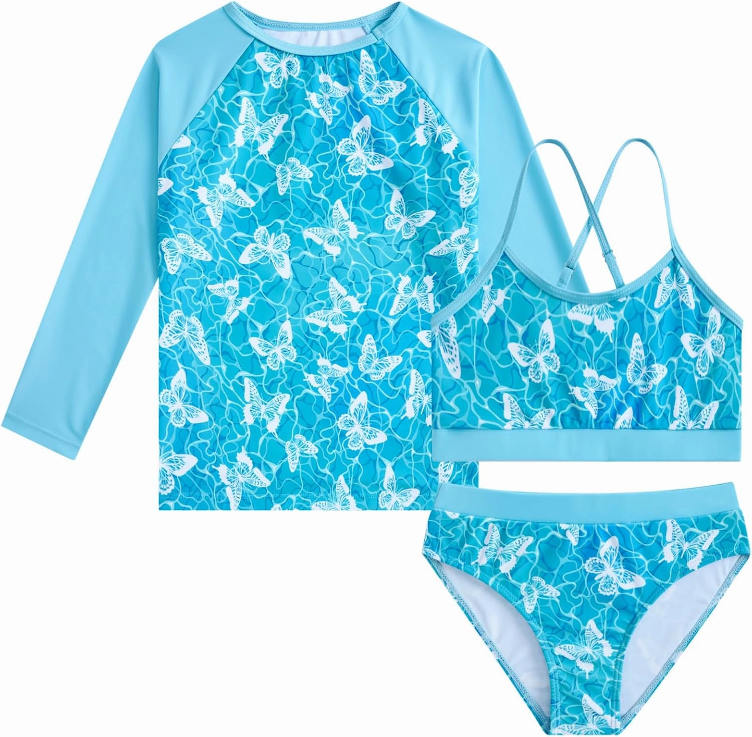 Vogseek 7-13T Girls 3pcs Bikini Swimwear with Long Sleeve Rashguard Shirts Quick Dry Swimsuits UPF 50  Bathing Suits