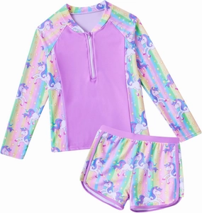 Vogseek Girls Swimsuits 5-9 Years 2 Piece Zip Rashguard Sets Long Sleeve Bathing Suit