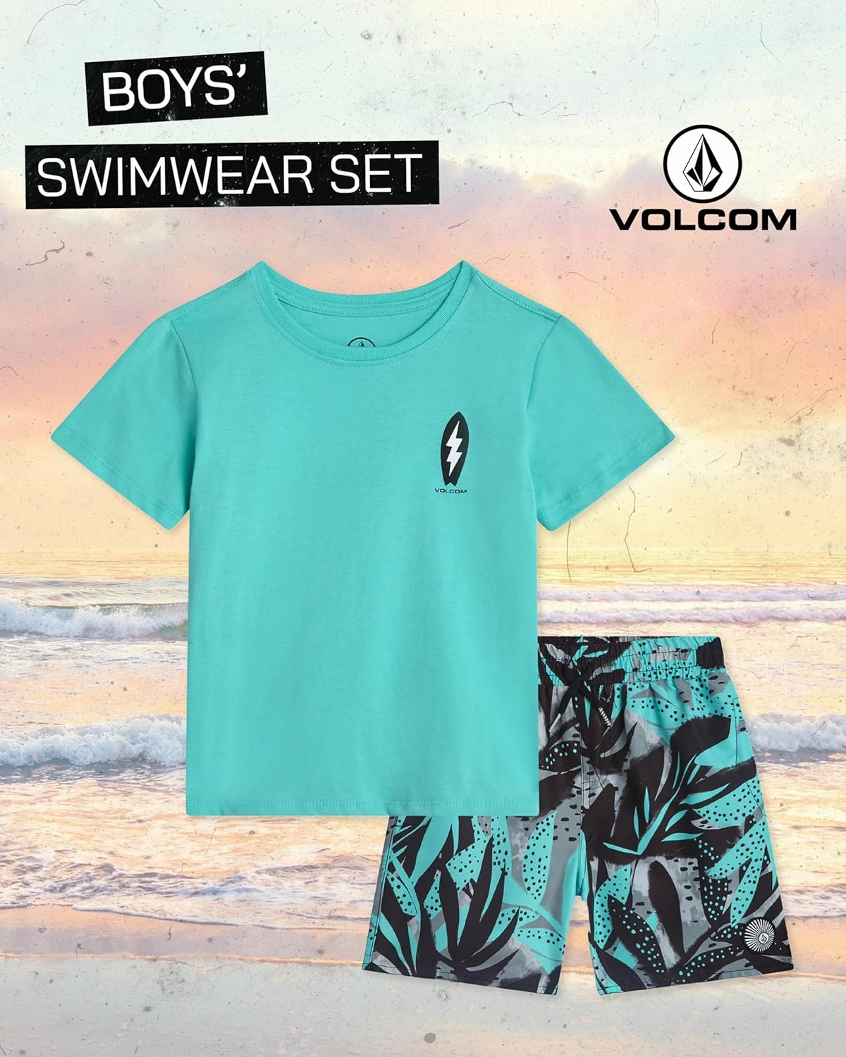 Volcom Baby Boys Swim Set - 2 Piece Short Sleeve Swim Shirt Graphic Tees & Board Shorts - Infant Toddler Little Boys Swimsuit