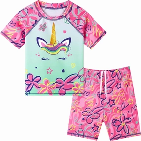 WAWSAM 2 Pieces Girls Rash Guard Toddler Swimsuit Girl Swimsuit Short Sleeve Bathing Suit for 3-6 Years