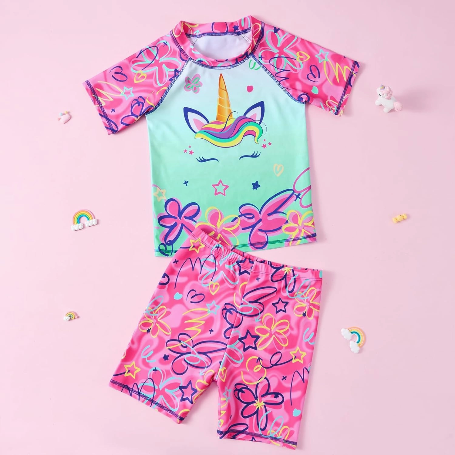 WAWSAM 2 Pieces Girls Rash Guard Toddler Swimsuit Girl Swimsuit Short Sleeve Bathing Suit for 3-6 Years