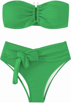 WDIRARA Women's 2 Piece Bikini Set Rib Knit Strapless Knot Front High Waist Swimsuit Set