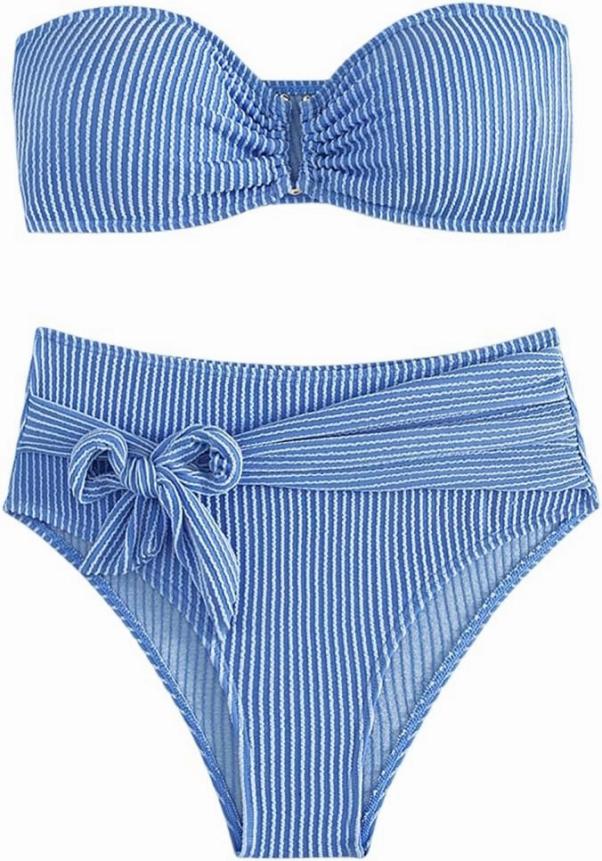 WDIRARA Women's 2 Piece Bikini Set Rib Knit Strapless Knot Front High Waist Swimsuit Set