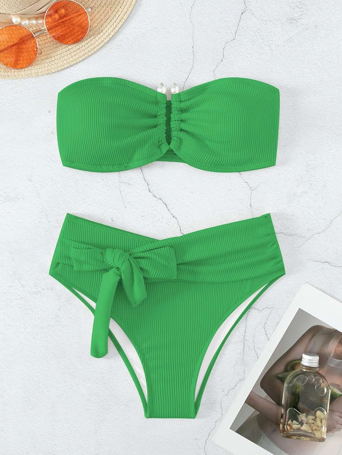 WDIRARA Women's 2 Piece Bikini Set Rib Knit Strapless Knot Front High Waist Swimsuit Set