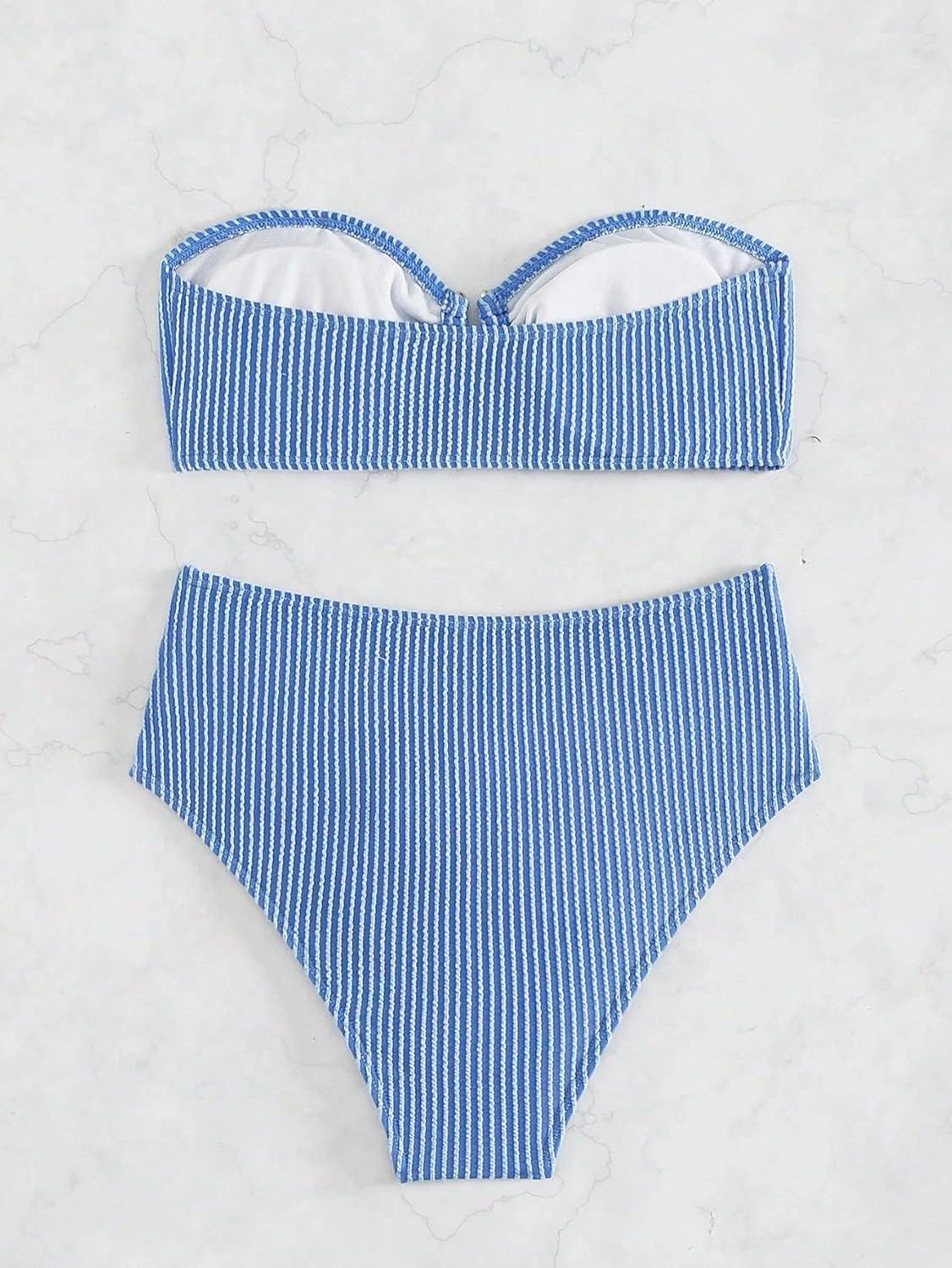 WDIRARA Women's 2 Piece Bikini Set Rib Knit Strapless Knot Front High Waist Swimsuit Set