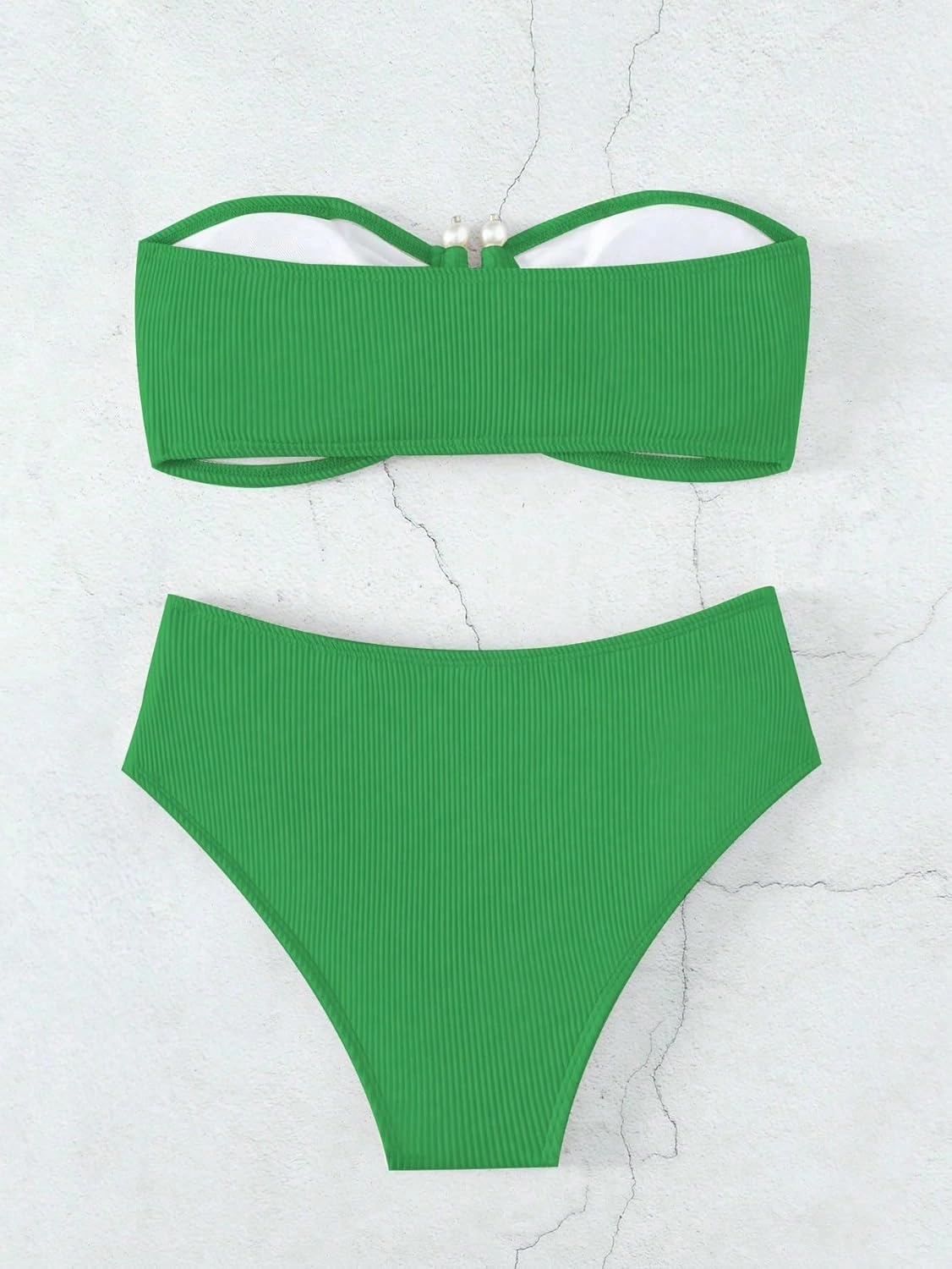 WDIRARA Women's 2 Piece Bikini Set Rib Knit Strapless Knot Front High Waist Swimsuit Set