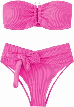 WDIRARA Women's 2 Piece Bikini Set Rib Knit Strapless Knot Front High Waist Swimsuit Set