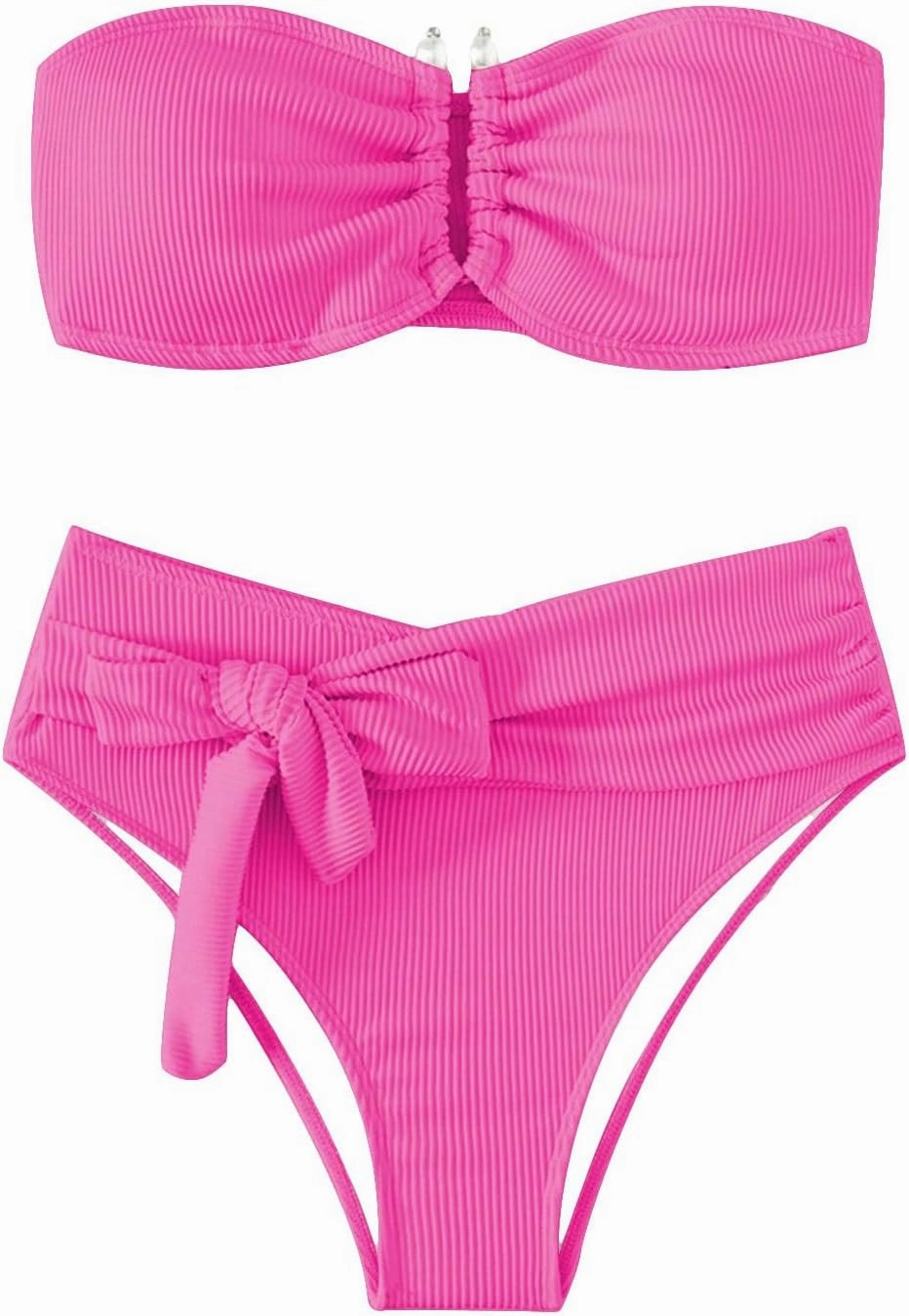 WDIRARA Women's 2 Piece Bikini Set Rib Knit Strapless Knot Front High Waist Swimsuit Set