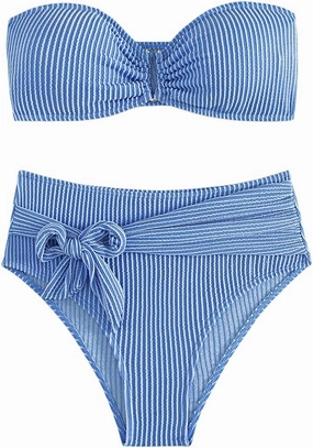 WDIRARA Women's 2 Piece Bikini Set Rib Knit Strapless Knot Front High Waist Swimsuit Set