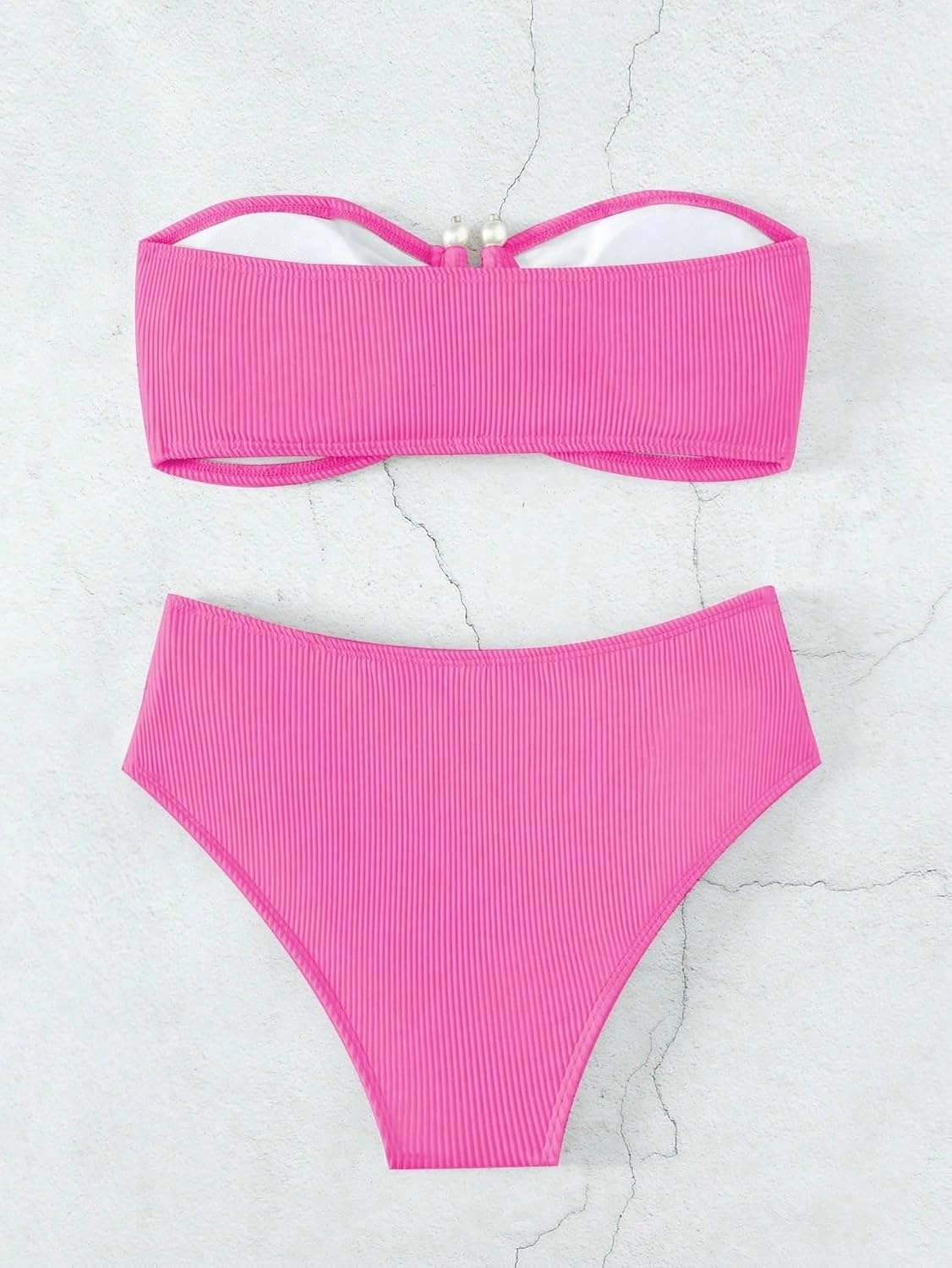 WDIRARA Women's 2 Piece Bikini Set Rib Knit Strapless Knot Front High Waist Swimsuit Set