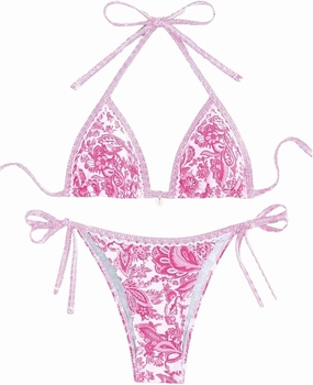 WDIRARA Women's 2 Piece Boho Swimsuits Floral Print Halter String Triangle Bikini Set Beach Bathing Suit