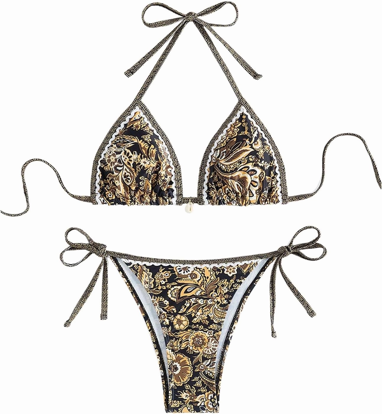 WDIRARA Women's 2 Piece Boho Swimsuits Floral Print Halter String Triangle Bikini Set Beach Bathing Suit