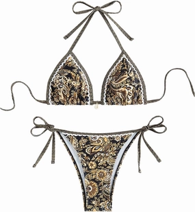 WDIRARA Women's 2 Piece Boho Swimsuits Floral Print Halter String Triangle Bikini Set Beach Bathing Suit